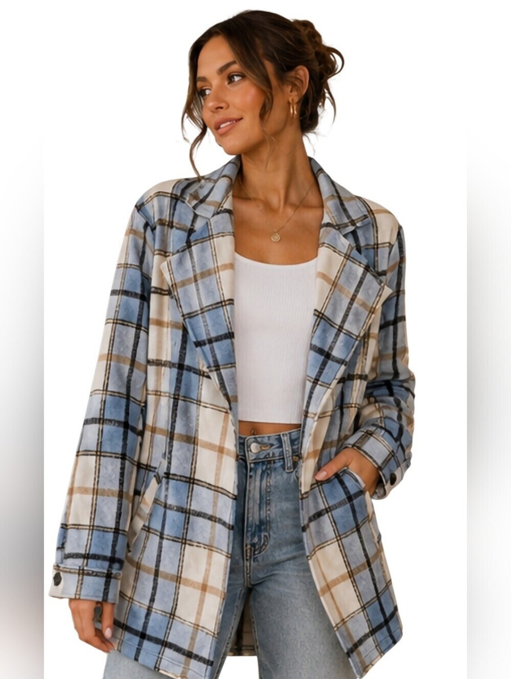 lNWT Ci Sono Blue Plaid Open Front Shacket Jacket Small
